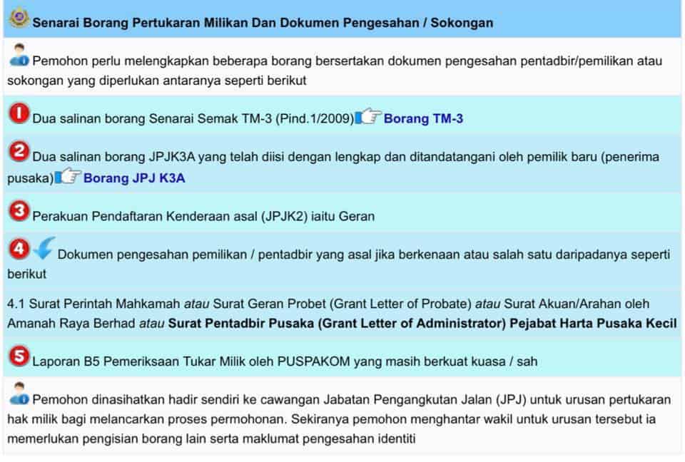 tukar nama kenderaan meninggal