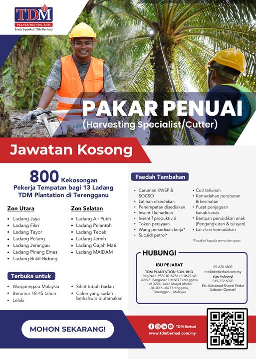 jawatan kosong tdm berhad ladang pakar penuai