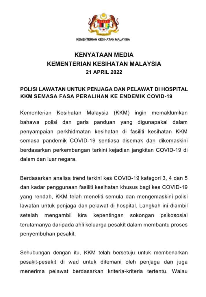 polisi syarat pelawat penjaga hospital kkm