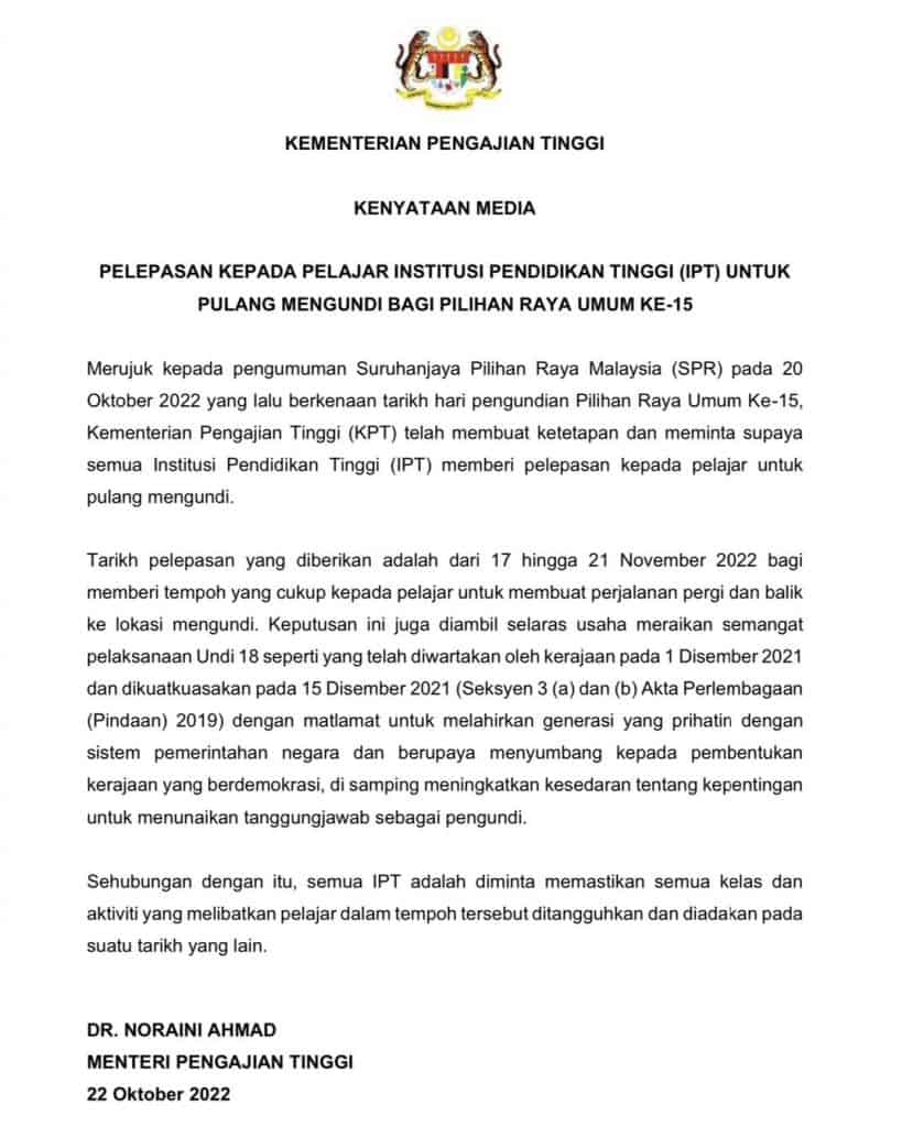 cuti mengundi pelajar ipt