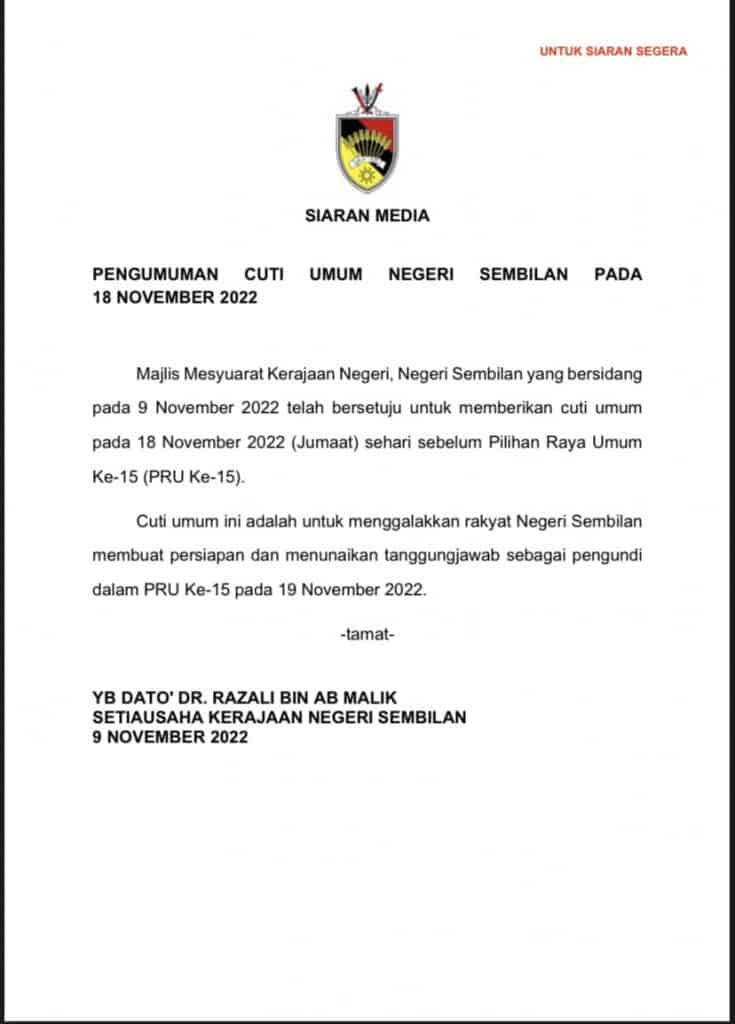 cuti negeri sembilan pru15