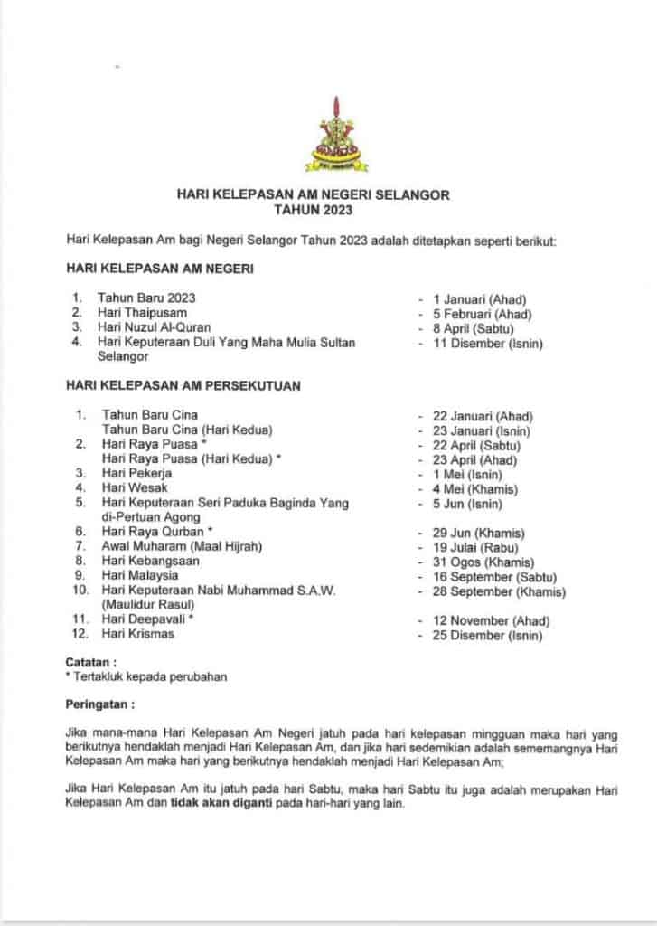 CUTI SELANGOR 2023