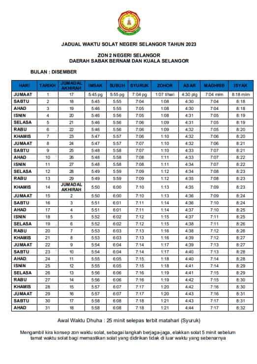 Takwim Waktu Solat Selangor 