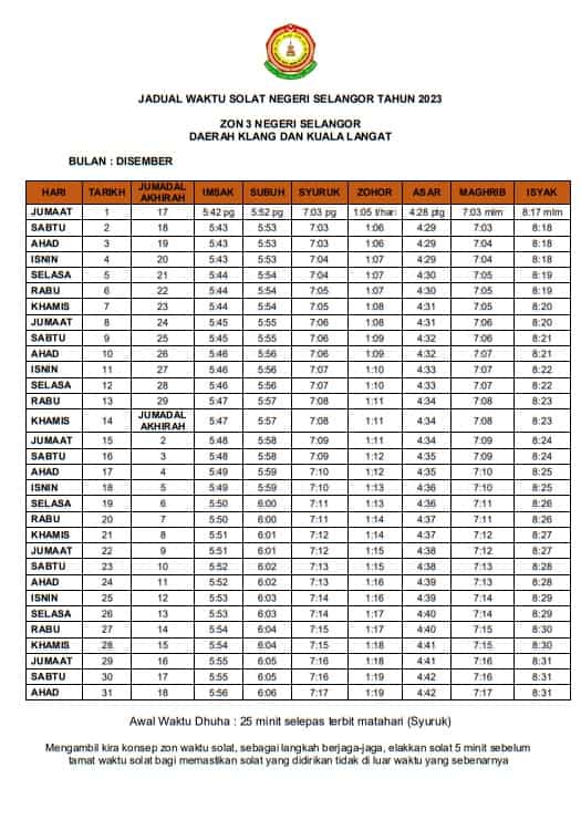 Takwim Waktu Solat Selangor 