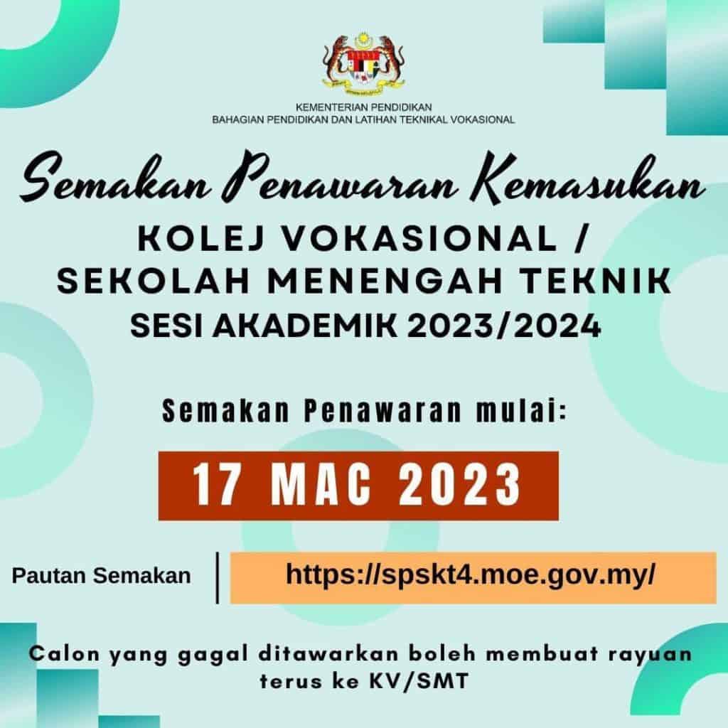 Semakan Kemasukan Ke Kolej Vokasional / Sekolah Menengah Teknik Sesi 2023 / 2024