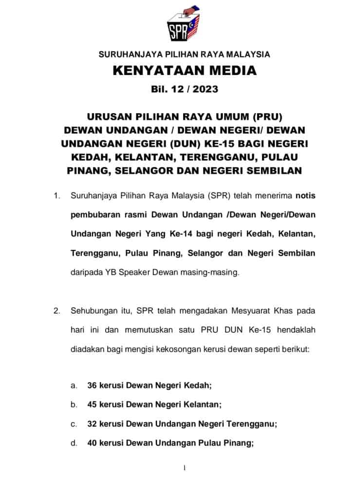 Tarikh Pilihan Raya Negeri (PRN 2023) SPR