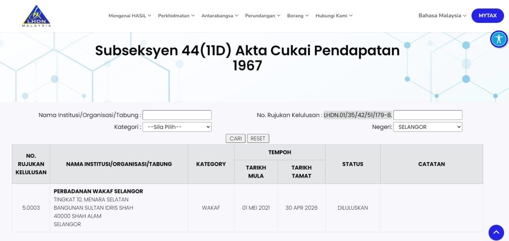 carian ngo berdaftar pelepasan cukai