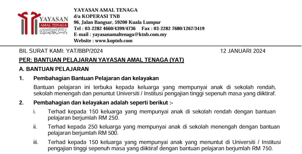 bantuan pelajaran yayasan amal tenaga