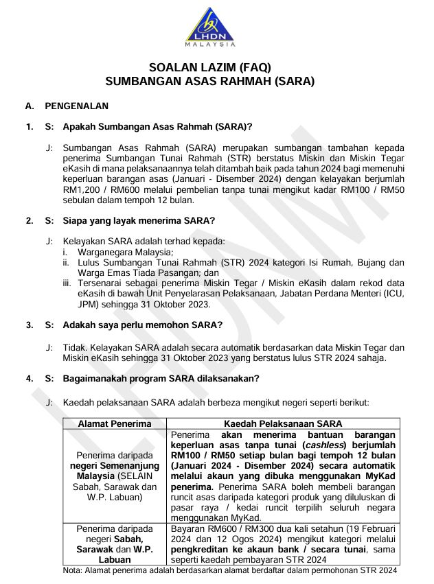 Bantuan sara 2024 Sumbangan asas rahmah