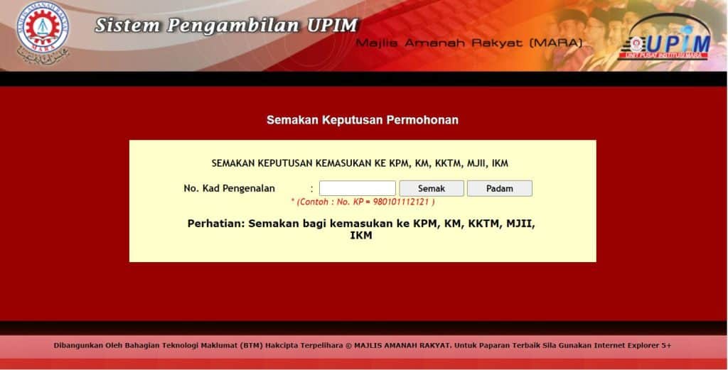 semakan kemasukan permohonan kolej profesional mara kpm km